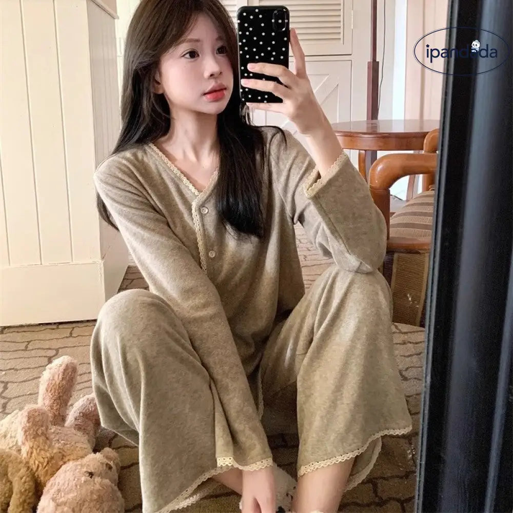 レース パジャマ セット 春秋 長袖 長ズボン ルームウェア 部屋着 かわいい 2点セット ID4204