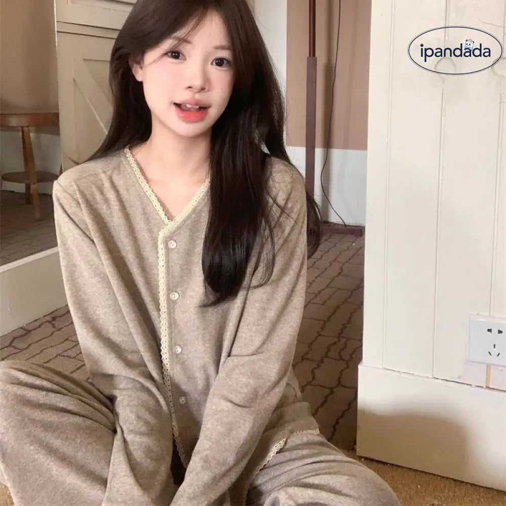 レース パジャマ セット 春秋 長袖 長ズボン ルームウェア 部屋着 かわいい 2点セット ID4204