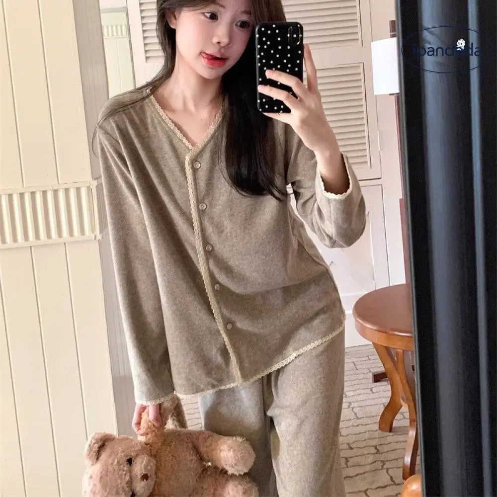 レース パジャマ セット 春秋 長袖 長ズボン ルームウェア 部屋着 かわいい 2点セット ID4204