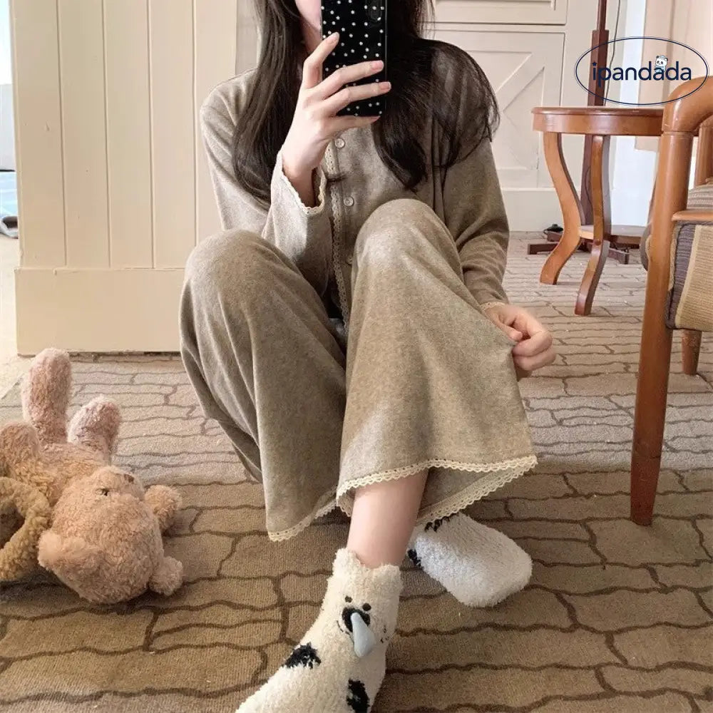 レース パジャマ セット 春秋 長袖 長ズボン ルームウェア 部屋着 かわいい 2点セット ID4204