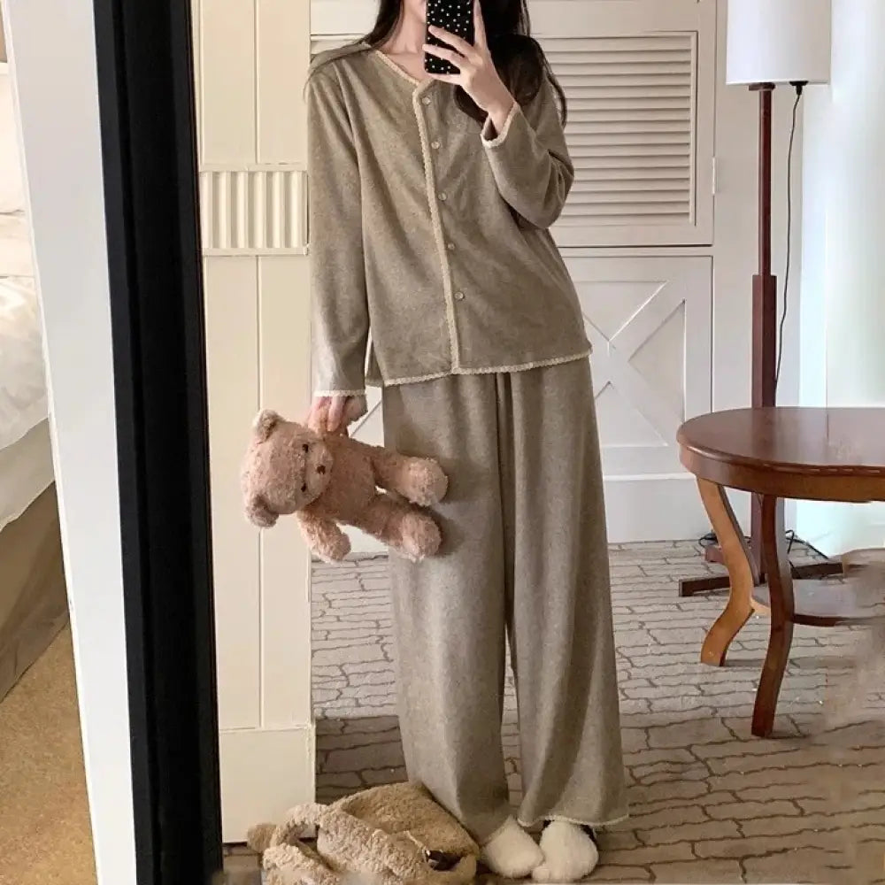 レース パジャマ セット 春秋 長袖 長ズボン ルームウェア 部屋着 かわいい 2点セット ID4204 写真通り / M