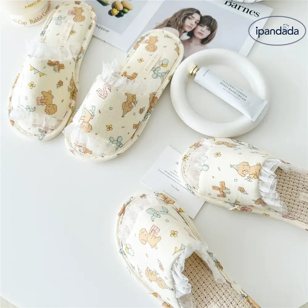 ID1495 レース プリンセス ドッグ 麻底 ルームスリッパ 夏用 室内快適 プラスチック底 女性 防滑