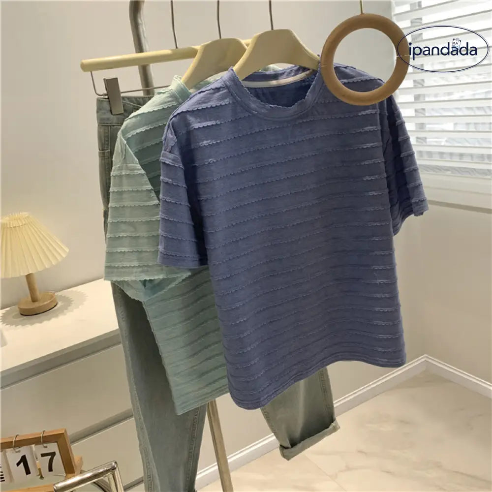 ID1279 レースデザイン 丸首Tシャツ レディース 夏用 ゆったり シンプル おしゃれ 通気性 カジュアルトップス ブルー / フリー 外出着＞トップス