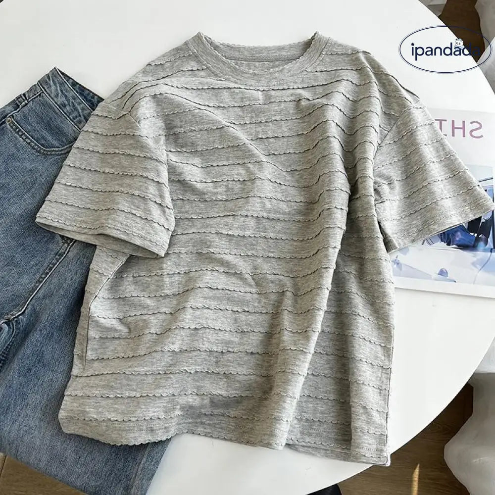 ID1279 レースデザイン 丸首Tシャツ レディース 夏用 ゆったり シンプル おしゃれ 通気性 カジュアルトップス グレー / フリー 外出着＞トップス