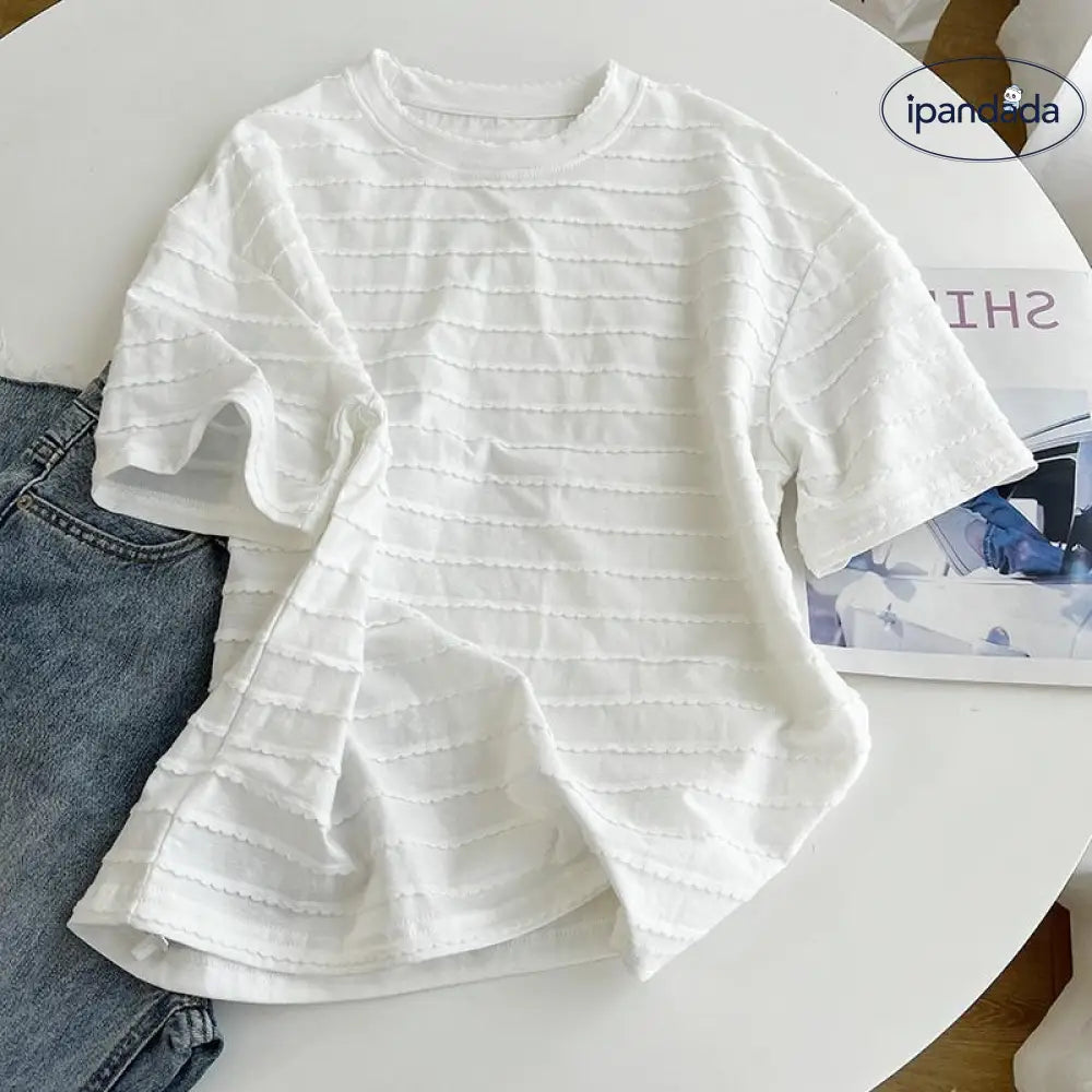 ID1279 レースデザイン 丸首Tシャツ レディース 夏用 ゆったり シンプル おしゃれ 通気性 カジュアルトップス ホワイト / フリー 外出着＞トップス