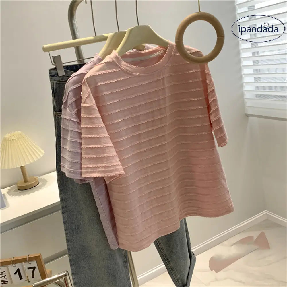 ID1279 レースデザイン 丸首Tシャツ レディース 夏用 ゆったり シンプル おしゃれ 通気性 カジュアルトップス ピンク / フリー 外出着＞トップス