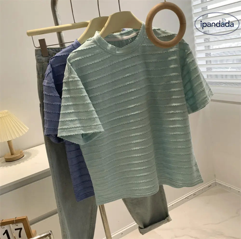 ID1279 レースデザイン 丸首Tシャツ レディース 夏用 ゆったり シンプル おしゃれ 通気性 カジュアルトップス ライトグリーン / フリー 外出着＞トップス