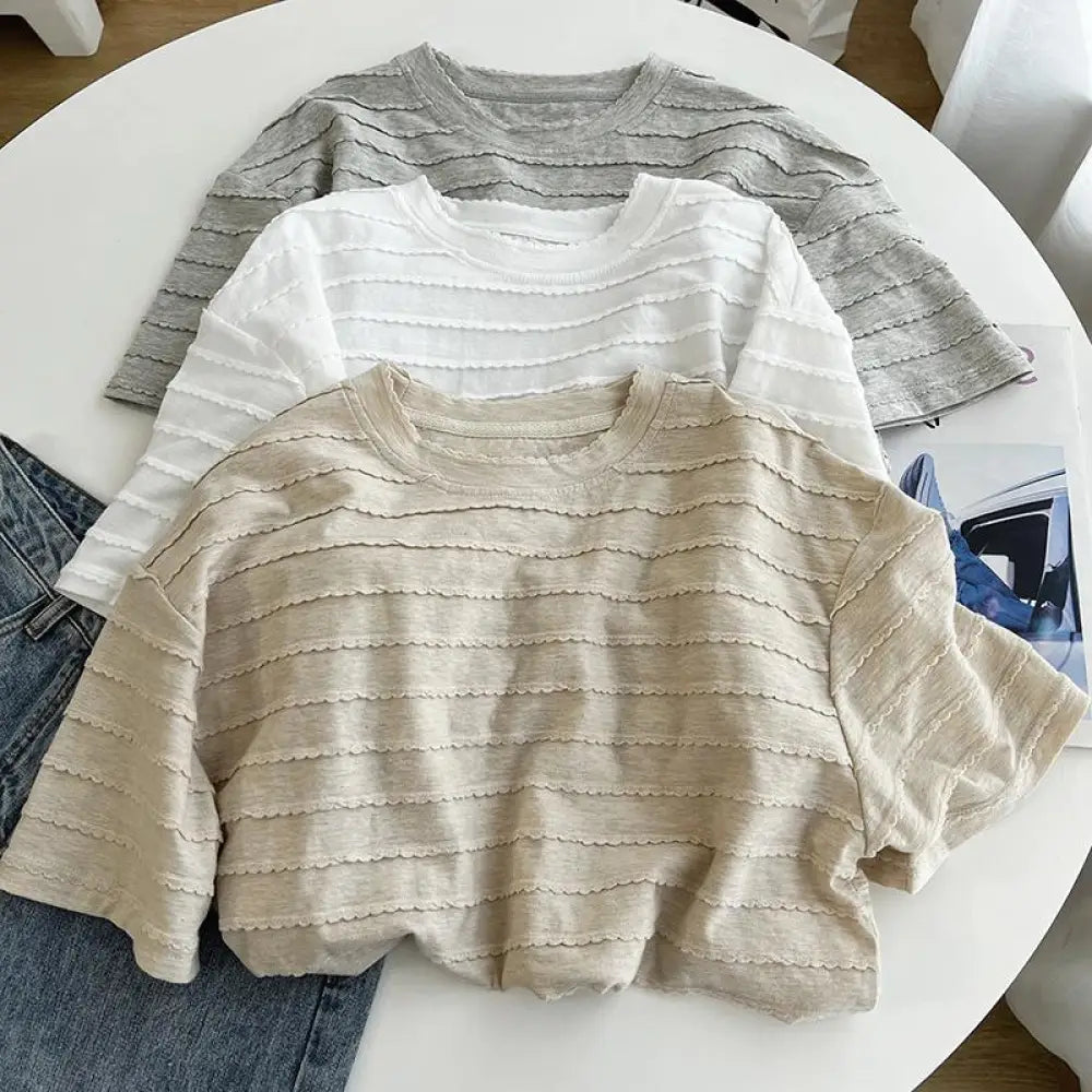 ID1279 レースデザイン 丸首Tシャツ レディース 夏用 ゆったり シンプル おしゃれ 通気性 カジュアルトップス 外出着＞トップス
