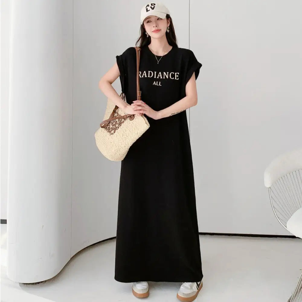 ID1136 レタープリント ホーム＆外出用 プラスサイズ ロングワンピース ゆったりデザイン 女性用 ドルマンスリーブ スリット アルファベット プラスサイズ ファッション Aライン 半袖 マキシワンピース ブラック / L