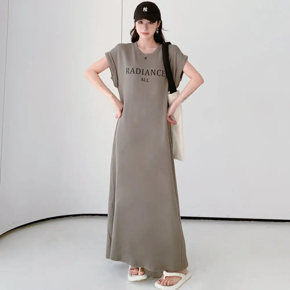 ID1136 レタープリント ホーム＆外出用 プラスサイズ ロングワンピース ゆったりデザイン 女性用 ドルマンスリーブ スリット アルファベット プラスサイズ ファッション Aライン 半袖 マキシワンピース グリーン / L