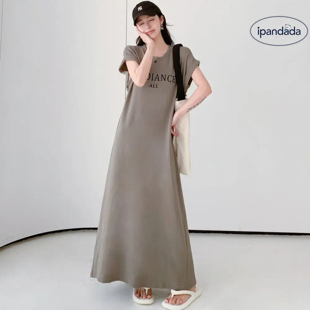 ID1136 レタープリント ホーム＆外出用 プラスサイズ ロングワンピース ゆったりデザイン 女性用 ドルマンスリーブ スリット アルファベット プラスサイズ ファッション Aライン 半袖 マキシワンピース 外出着＞ワンピース