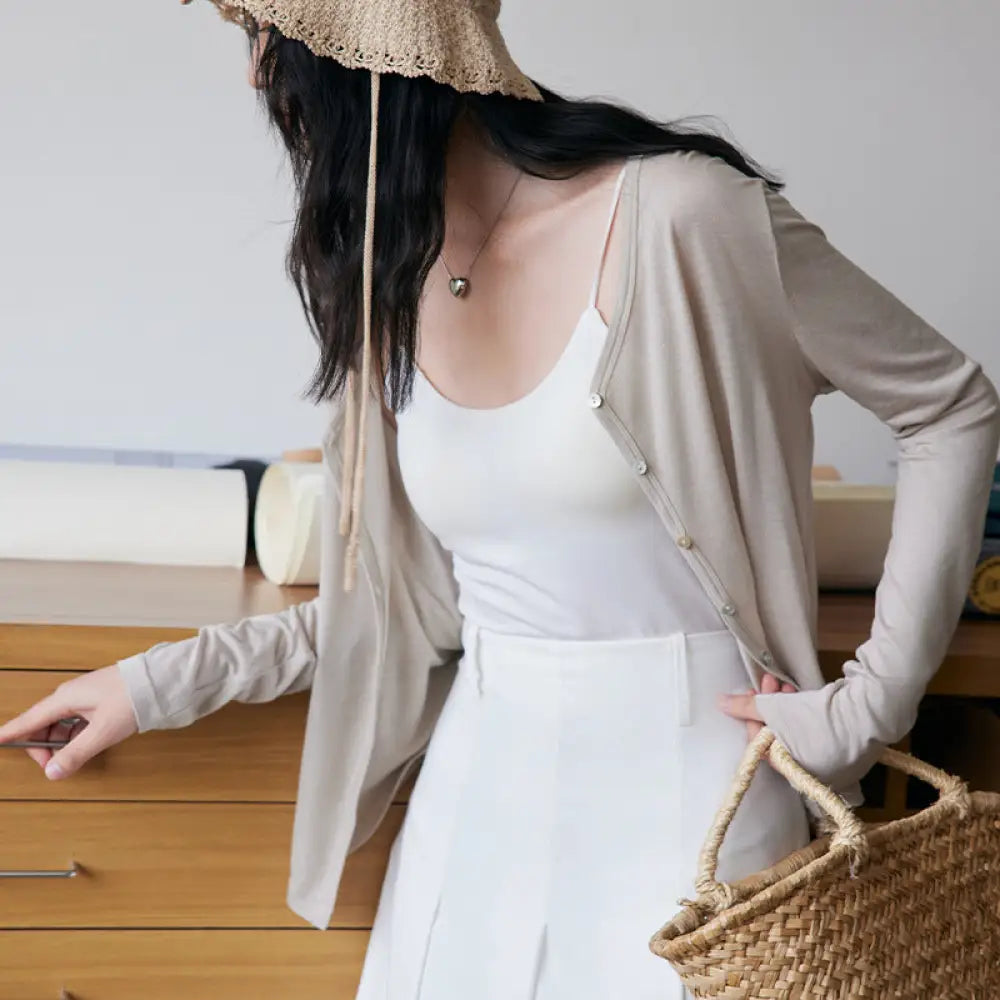 ID1380 レーヨン＆アセテート カーディガン レディース メリノウール 薄手 ボタン付き 長袖 上品 トップス アプリコット / M 外出着>アウター