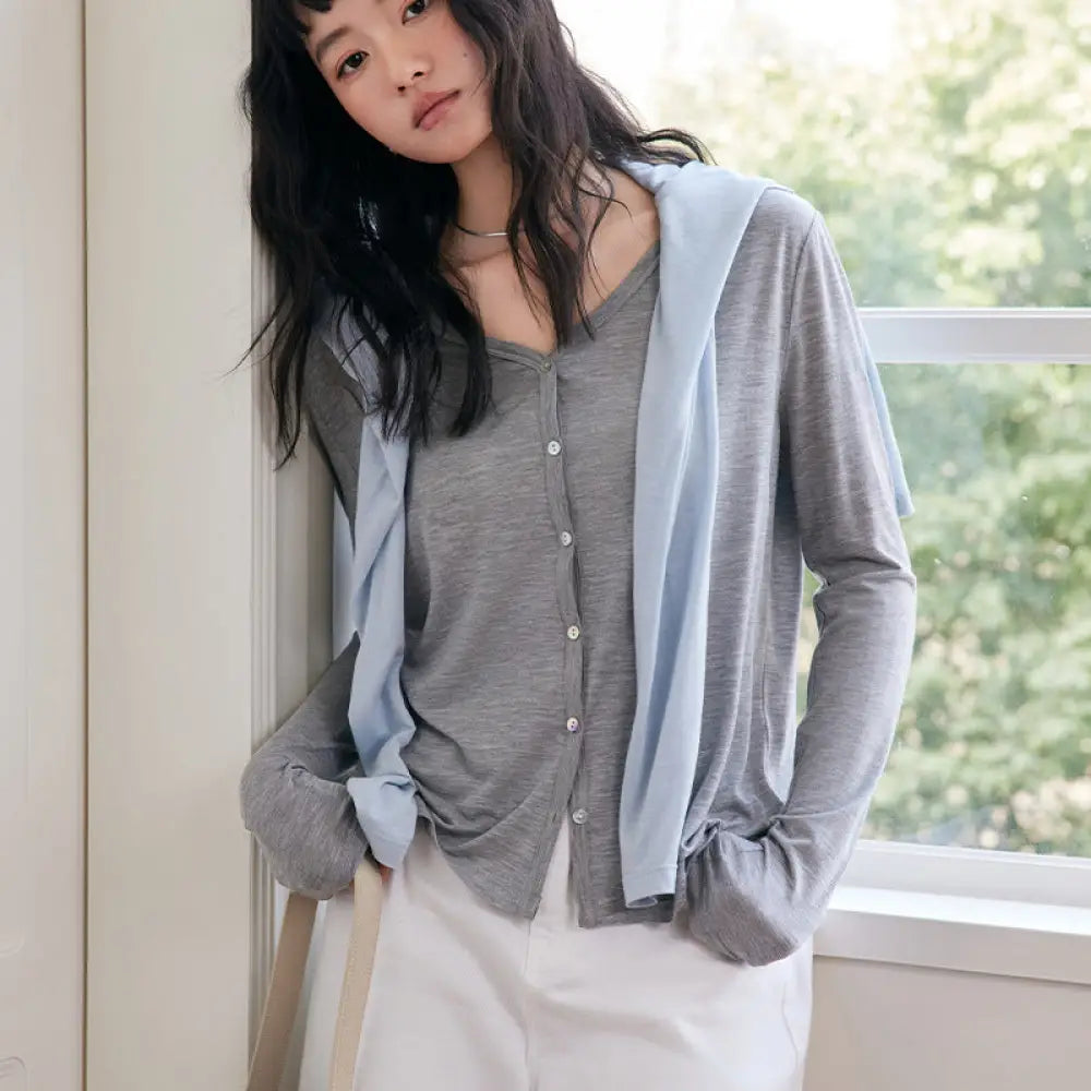 ID1380 レーヨン＆アセテート カーディガン レディース メリノウール 薄手 ボタン付き 長袖 上品 トップス グレー / M 外出着>アウター