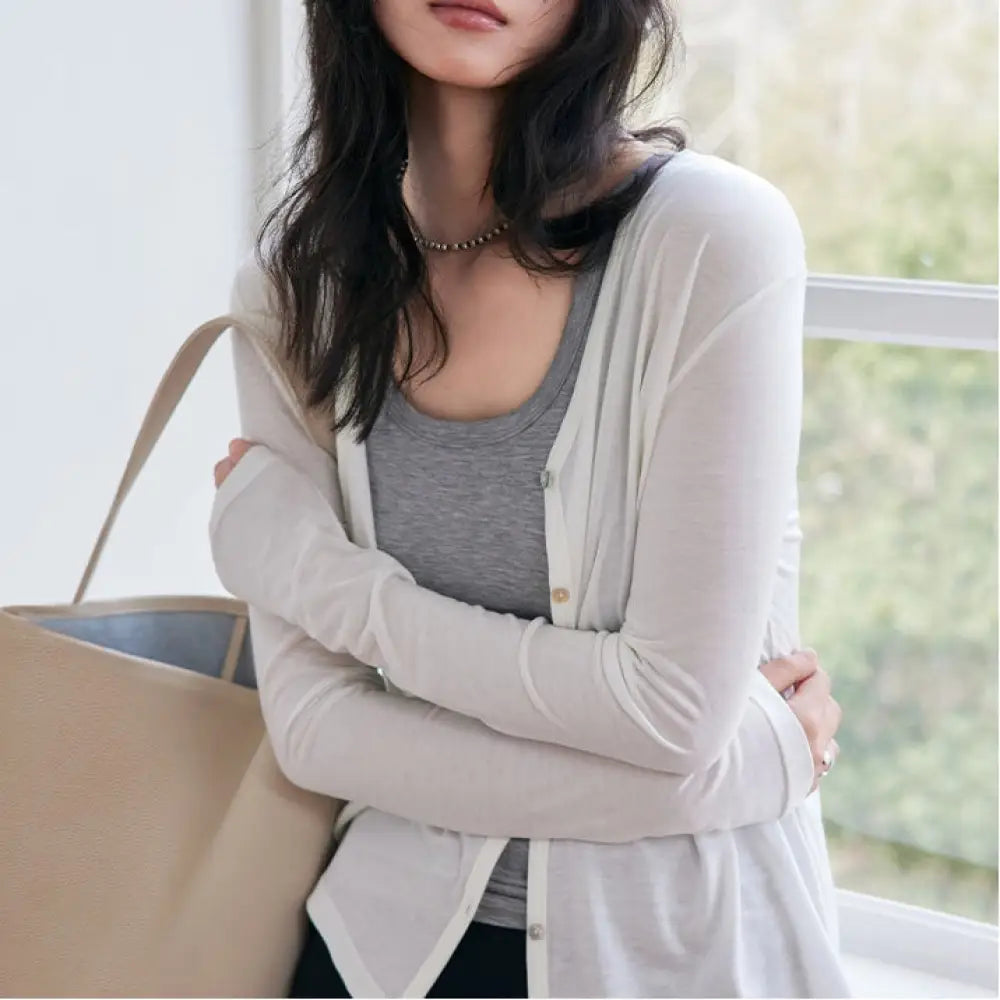 ID1380 レーヨン＆アセテート カーディガン レディース メリノウール 薄手 ボタン付き 長袖 上品 トップス