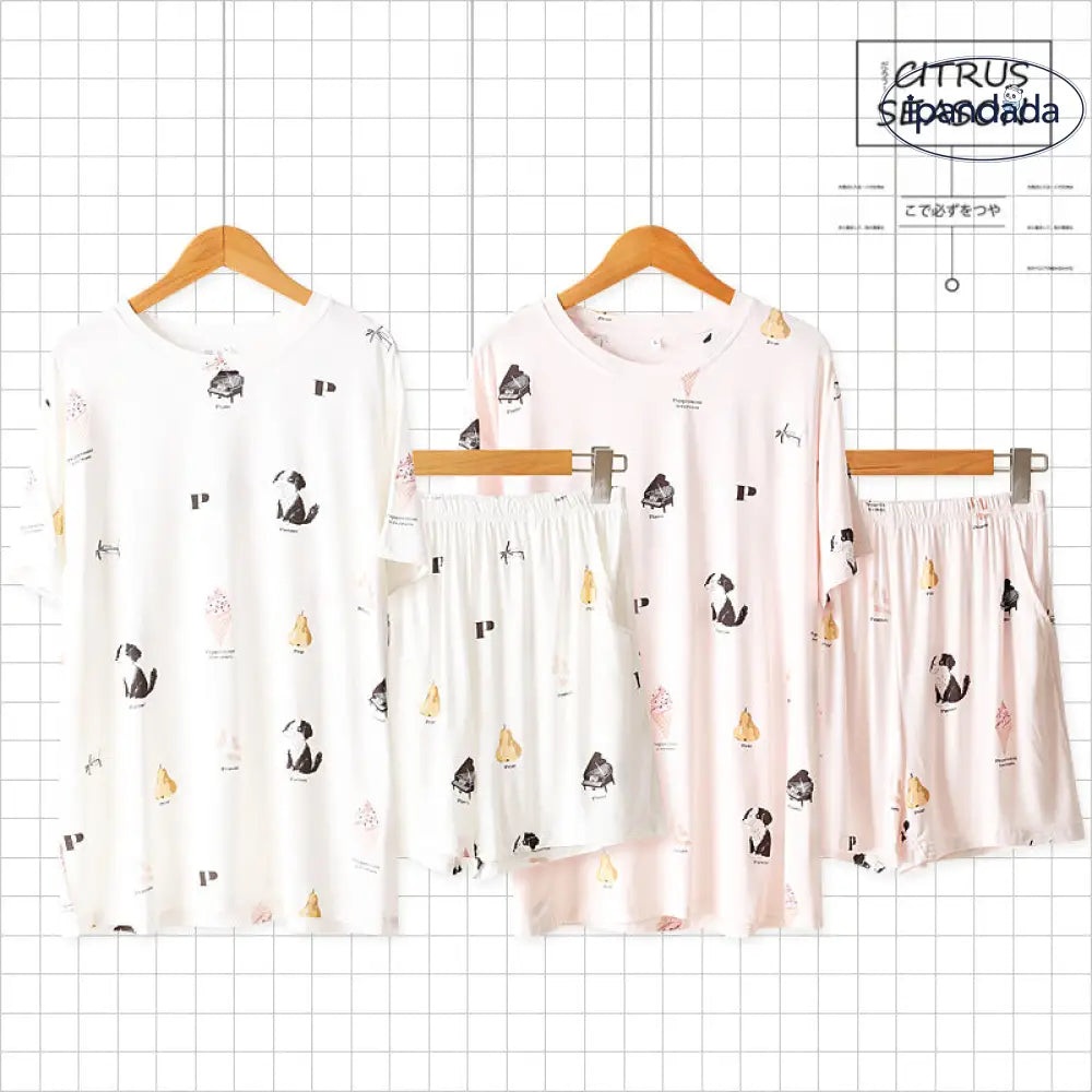 ID1505 日本風 春 夏 レディース モダール パジャマセット 半袖 ショートパンツ キャラクター 丸首 ゆったり ルームウェア 2点セット ホワイト / M レディース>セットアップ