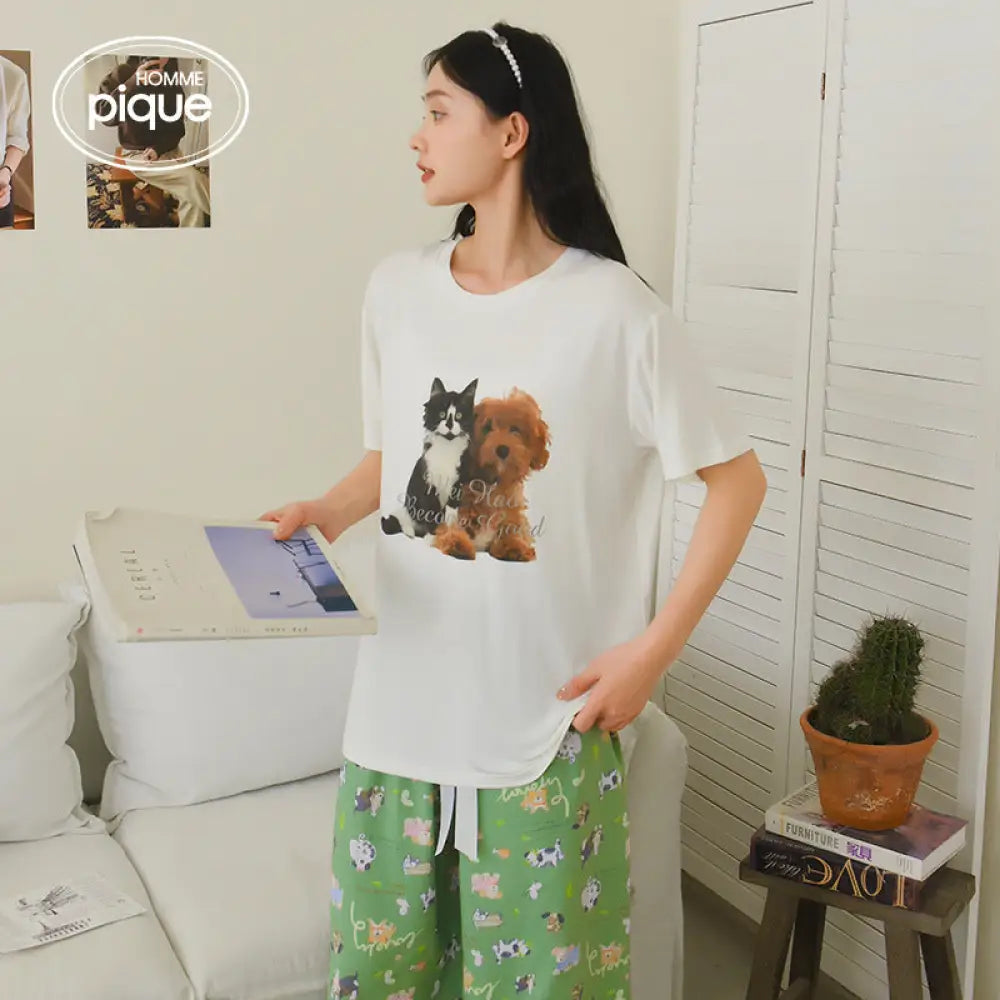 ID532 日系 夏用 アルファベット 猫 パジャマセット レディース 半袖 長ズボン ゆったり 薄手 ルームウェア 外出可 写真通り / フリー レディース＞セットアップ