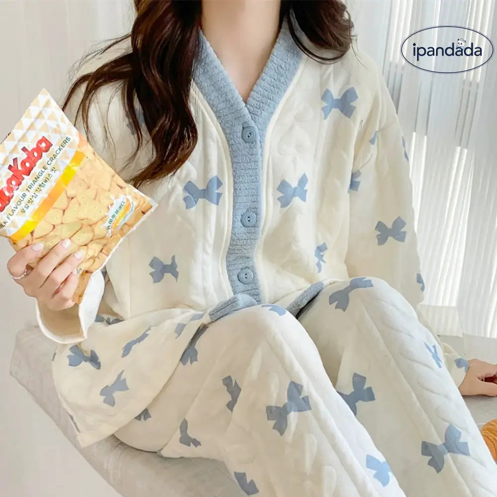 リボン柄 ボタン パジャマ ルームウェア 部屋着 産後服 寝間着 寝巻き 入院着 ナイトウエア レディース 前開き 上下セット 柔らかい ゆったり 春 秋 冬 レディース＞セットアップ