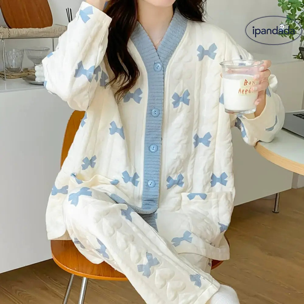 リボン柄 ボタン パジャマ ルームウェア 部屋着 産後服 寝間着 寝巻き 入院着 ナイトウエア レディース 前開き 上下セット 柔らかい ゆったり 春 秋 冬 レディース＞セットアップ
