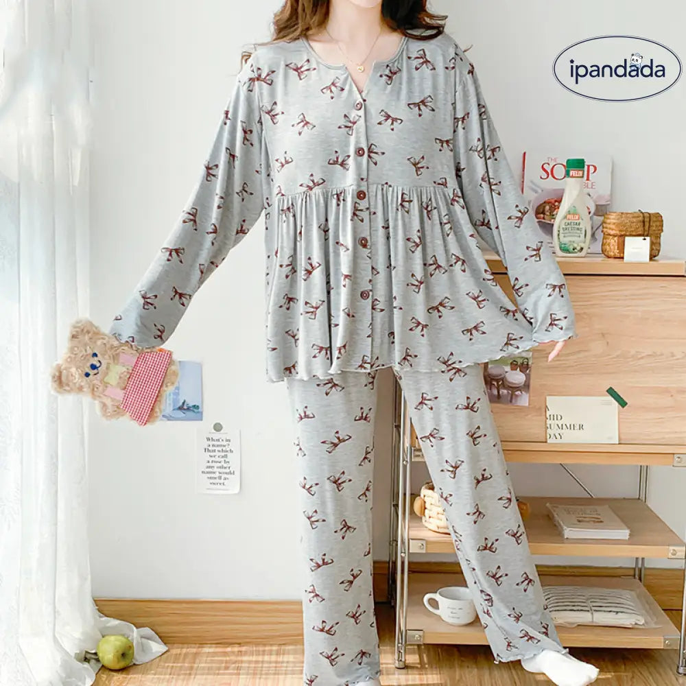 ID1460  Vネック 胸パッド付き モダール素材 産後・授乳用パジャマ マタニティウェア 夏用 調整可能 ルームウェア