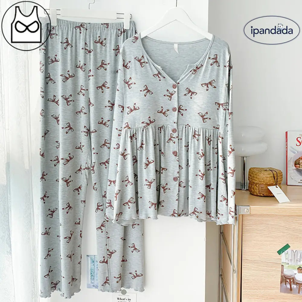 ID1460  Vネック 胸パッド付き モダール素材 産後・授乳用パジャマ マタニティウェア 夏用 調整可能 ルームウェア