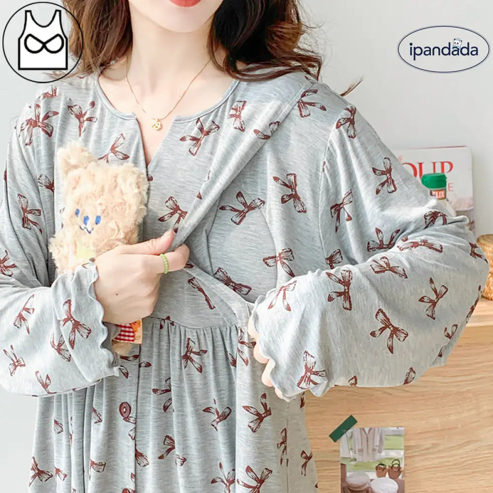 ID1460  Vネック 胸パッド付き モダール素材 産後・授乳用パジャマ マタニティウェア 夏用 調整可能 ルームウェア