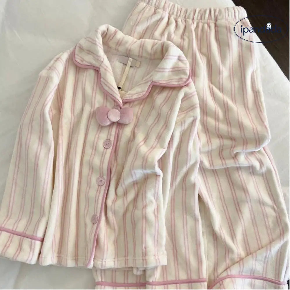 リボン付き 厚手 フランネル パジャマセット もこもこ 冬 暖かい 冬用 レディース 厚手 保温 ルームウェア 2点セット ID3960 レディース＞セットアップ