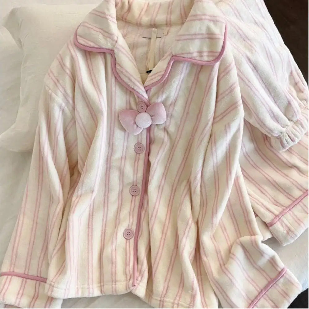 リボン付き 厚手 フランネル パジャマセット もこもこ 冬 暖かい 冬用 レディース 厚手 保温 ルームウェア 2点セット ID3960 写真通り / S レディース＞セットアップ