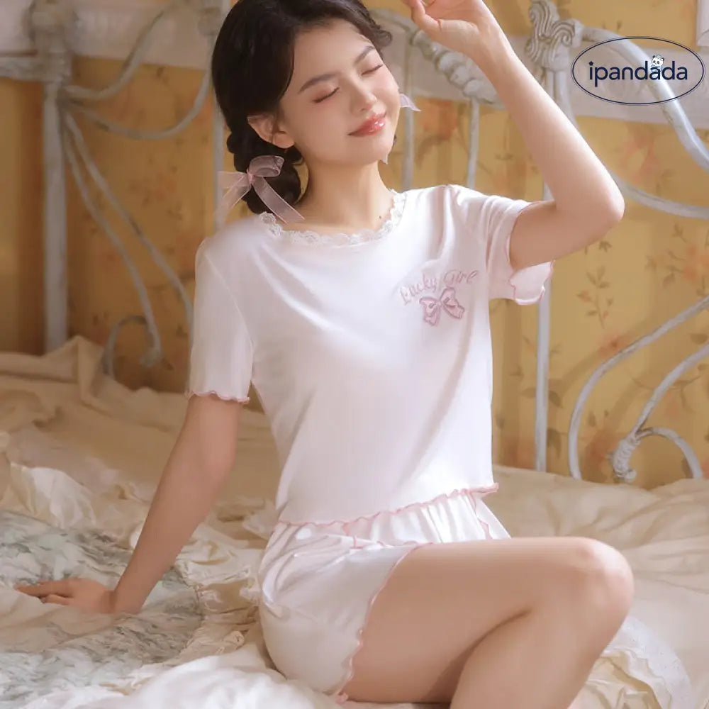 ID572 リボン パジャマ 半袖 レディース ルームウェア 春 夏 女性 セットアップ かわいい ウエストゴム 部屋着 ナイトウェア 寝巻き おしゃれ ギフト プレゼント レディース＞セットアップ