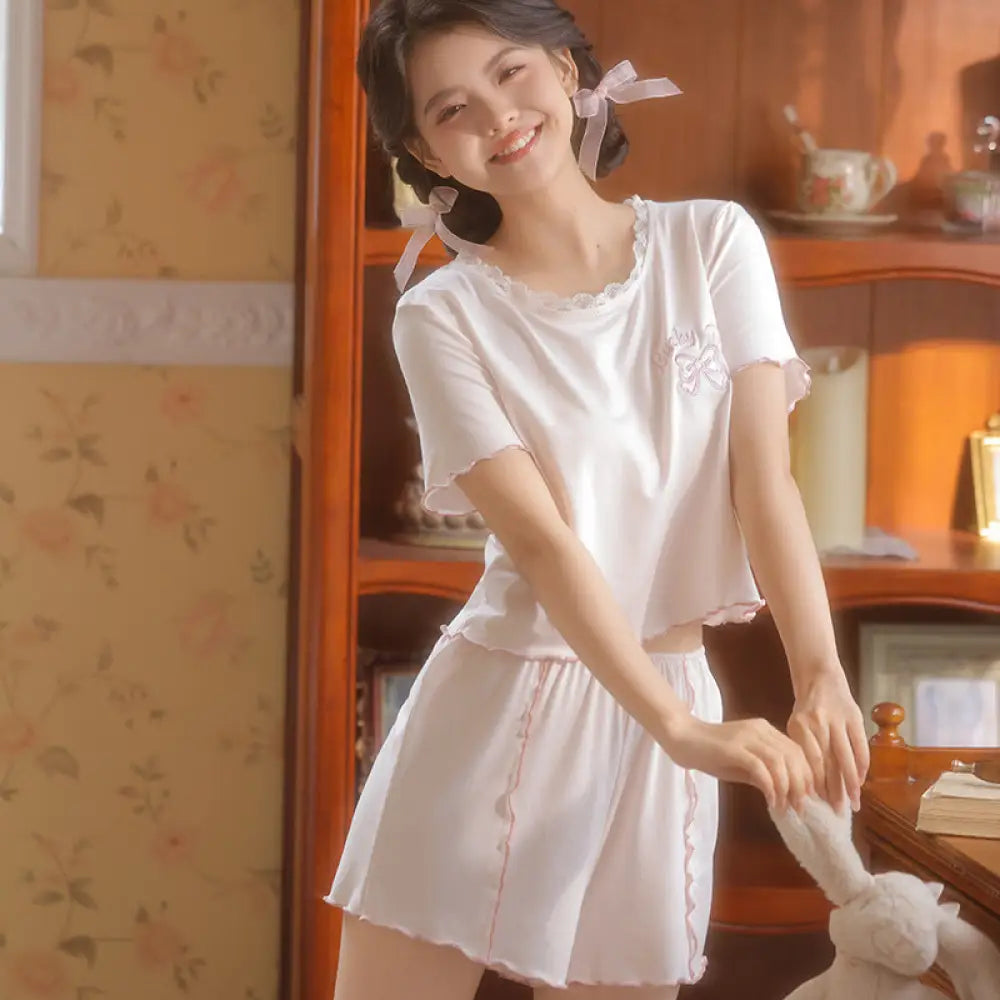 ID572 リボン パジャマ 半袖 レディース ルームウェア 春 夏 女性 セットアップ かわいい ウエストゴム 部屋着 ナイトウェア 寝巻き おしゃれ ギフト プレゼント レディース＞セットアップ