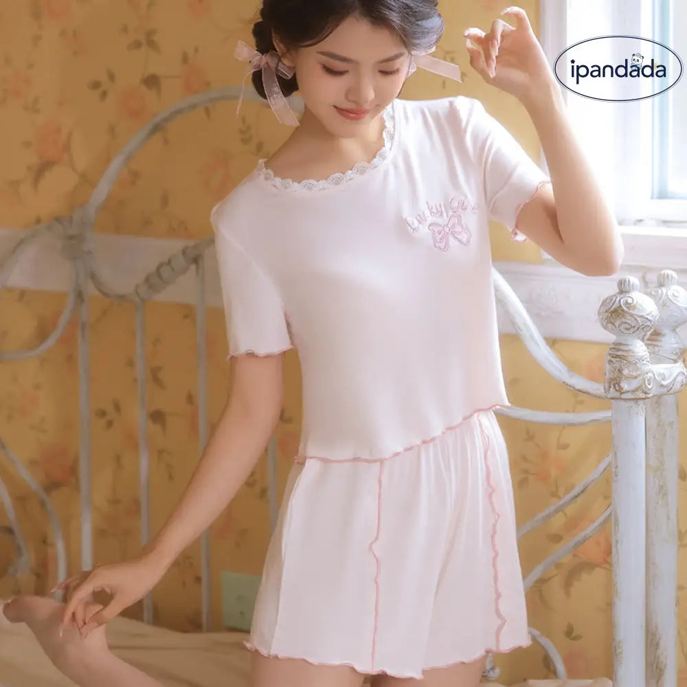 ID572 リボン パジャマ 半袖 レディース ルームウェア 春 夏 女性 セットアップ かわいい ウエストゴム 部屋着 ナイトウェア 寝巻き おしゃれ ギフト プレゼント レディース＞セットアップ