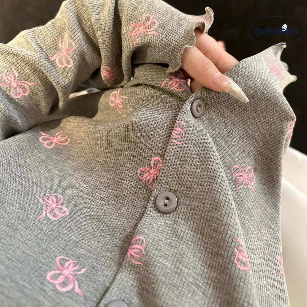 リボン プリント パジャマ セット 秋冬 ルームウェア 大きいサイズ 長袖 ゆったり 部屋着 外出着可 ID3970