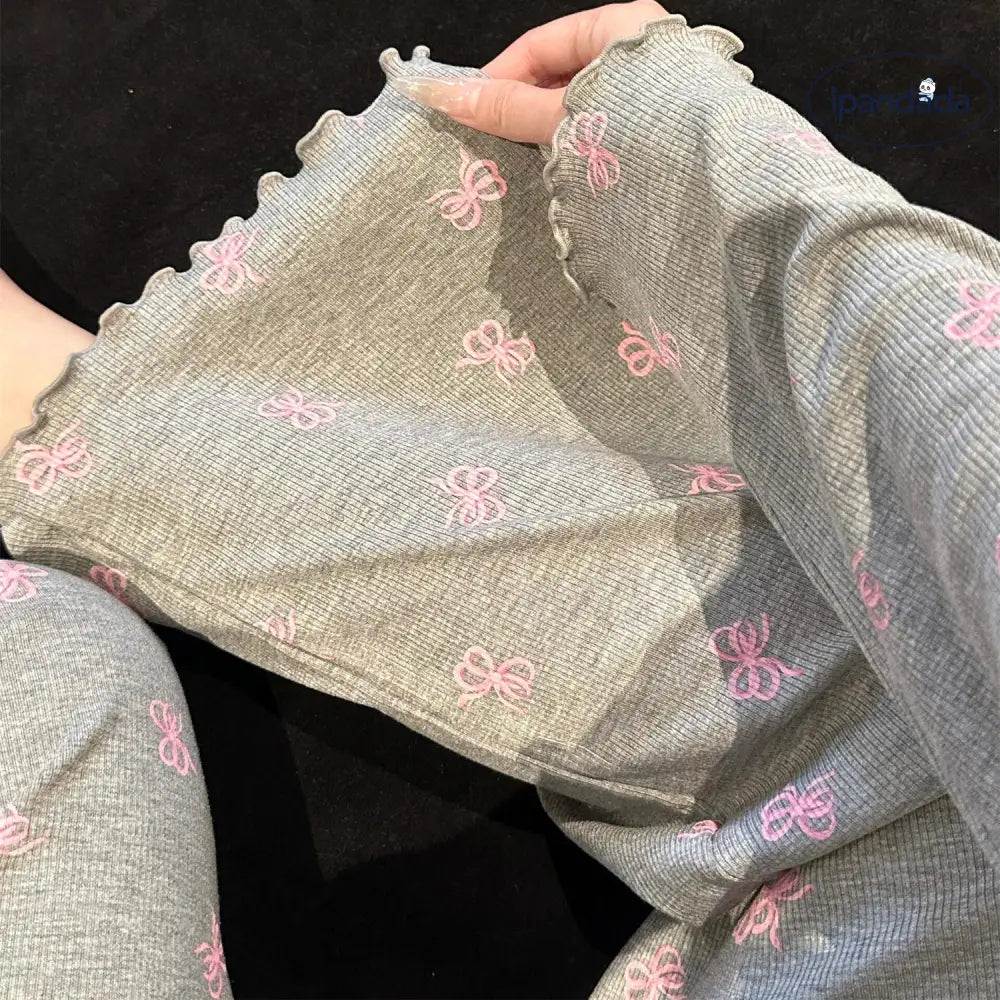 リボン プリント パジャマ セット 秋冬 ルームウェア 大きいサイズ 長袖 ゆったり 部屋着 外出着可 ID3970