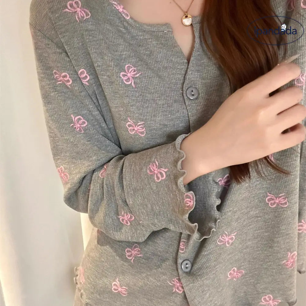 リボン プリント パジャマ セット 秋冬 ルームウェア 大きいサイズ 長袖 ゆったり 部屋着 外出着可 ID3970