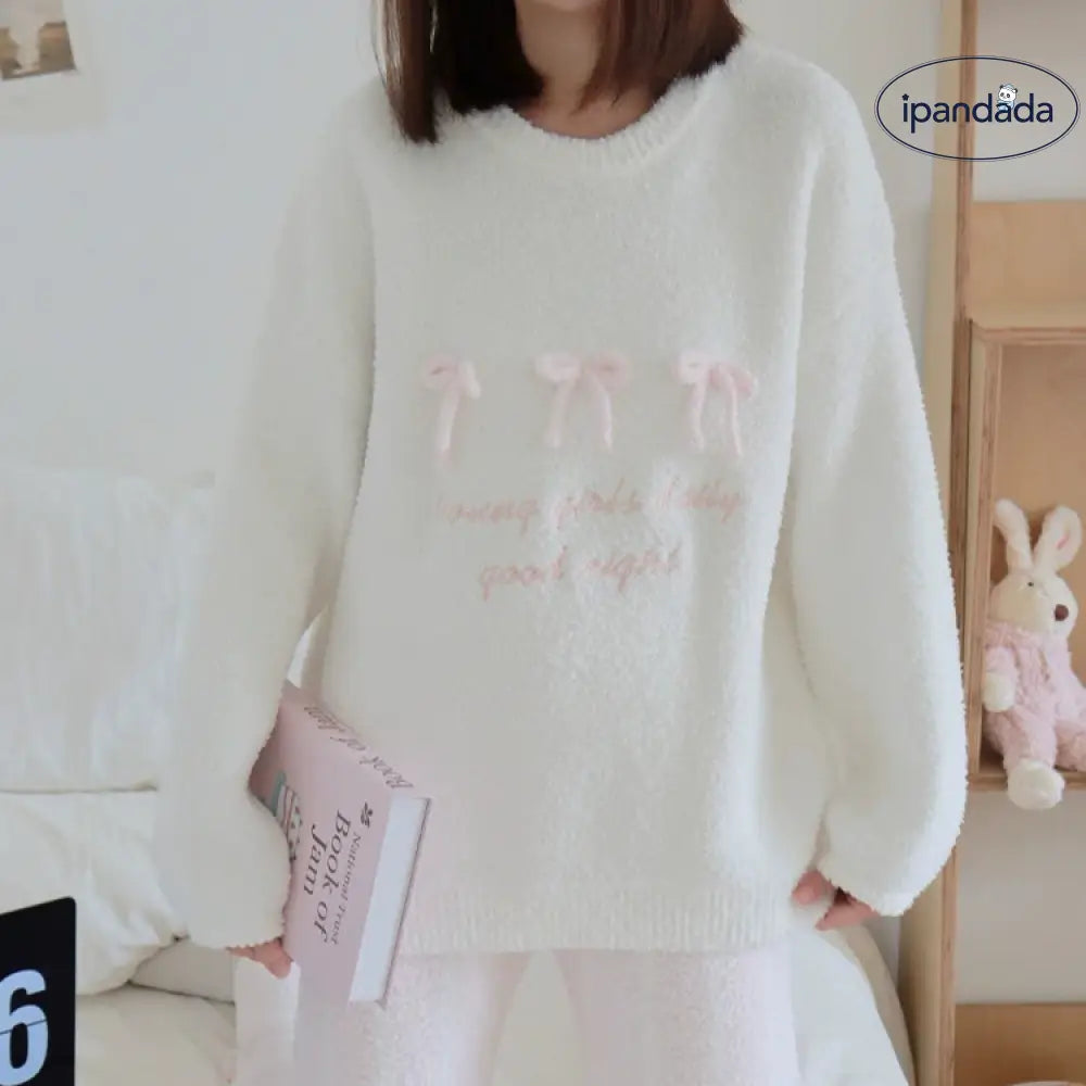 リボン 上下2点セット パジャマ レディース リボン柄 長袖 長ズボン 可愛い ルームウェア 女の子 プレゼント ギフト 春 秋 冬 レディース＞セットアップ
