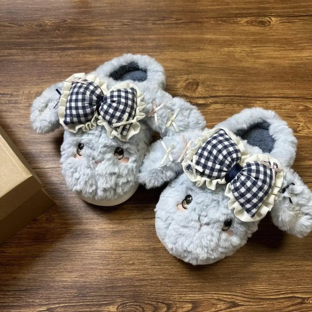 リボン うさぎ ファー サンダル レディース 秋冬 厚底 ユニバーサル オープントゥ スリッパ ID3038 ブルー / 23-23.5cm