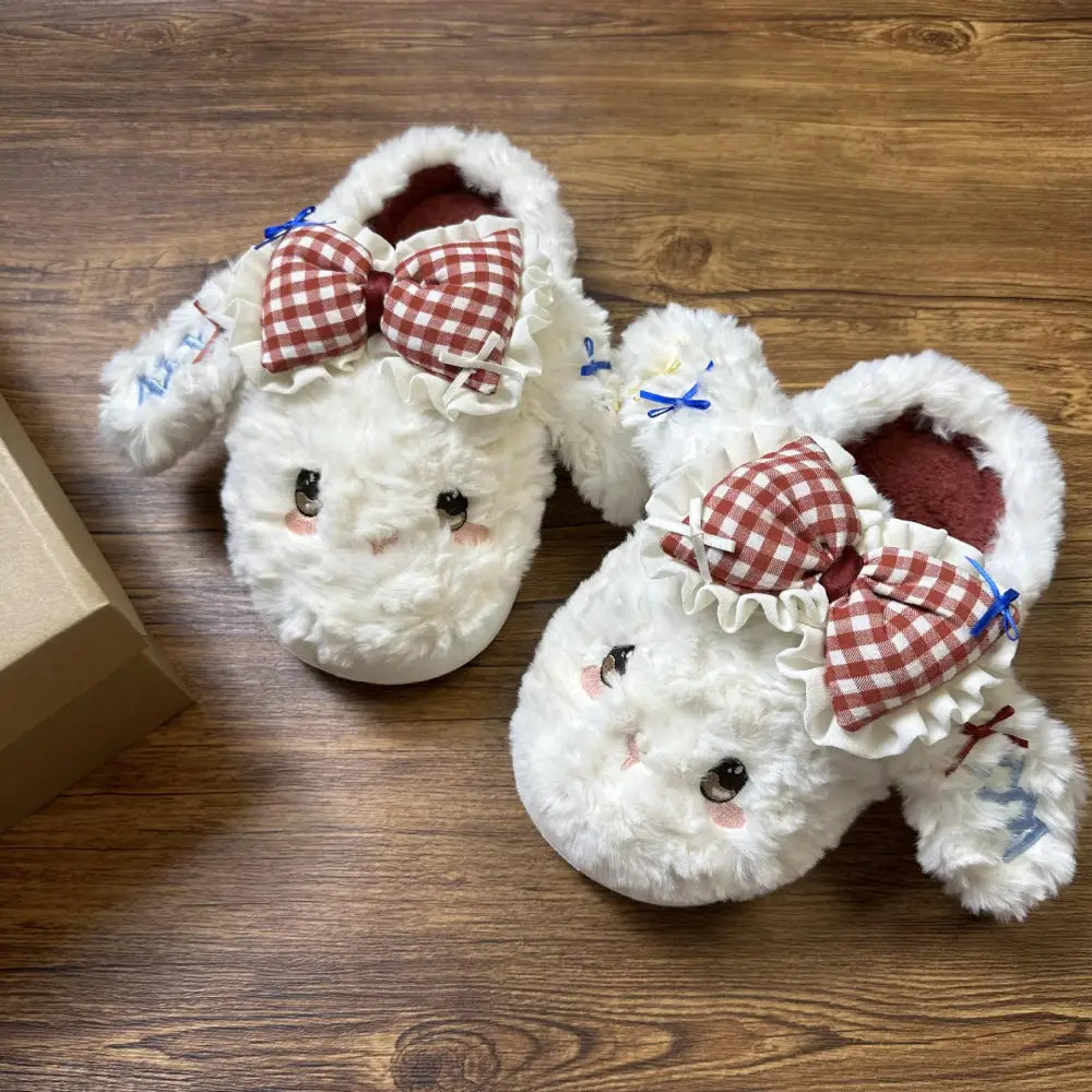 リボン うさぎ ファー サンダル レディース 秋冬 厚底 ユニバーサル オープントゥ スリッパ ID3038 ホワイト / 23-23.5cm