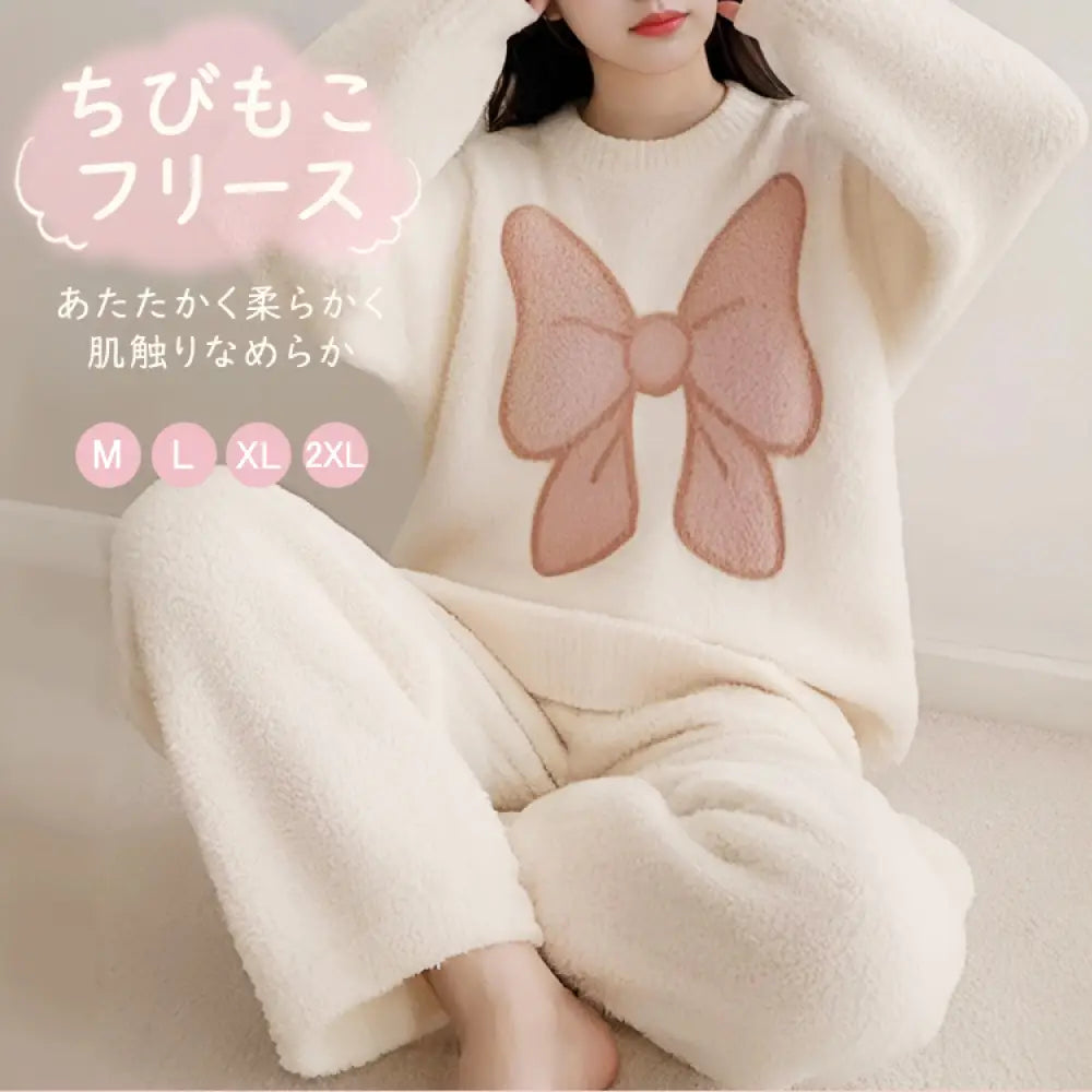 リボンパジャマ レディース 上下セット 着る毛布 暖かい ナイトウェア 可愛い パジャマ 冬 長袖 もこもこ 秋冬 あったか ゆったり フェミニン 女の子 大きいサイズ かわいい ID122 レディース＞セットアップ