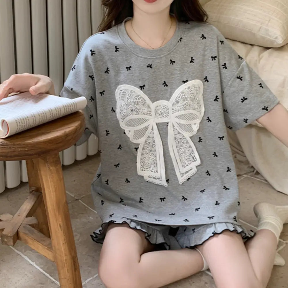 ID1281 リボンプリント レース＆プリーツ接合 かわいい インスタ人気  カートゥーン 新作 コットン風 胸パッド付き 半袖 ショートパンツ セット 薄手 涼感 甘い ホーム＆外出用服