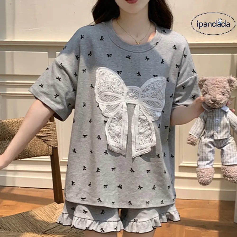 ID1281 リボンプリント レース＆プリーツ接合 かわいい インスタ人気  カートゥーン 新作 コットン風 胸パッド付き 半袖 ショートパンツ セット 薄手 涼感 甘い ホーム＆外出用服