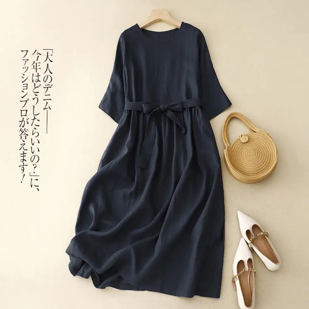 リネンコットン ワンピース シンプル ベルト付き 丸首 中袖 フレアスカート ナチュラル 大人可愛い 女性用 ID1886 ネイビー / M 外出着>ワンピース