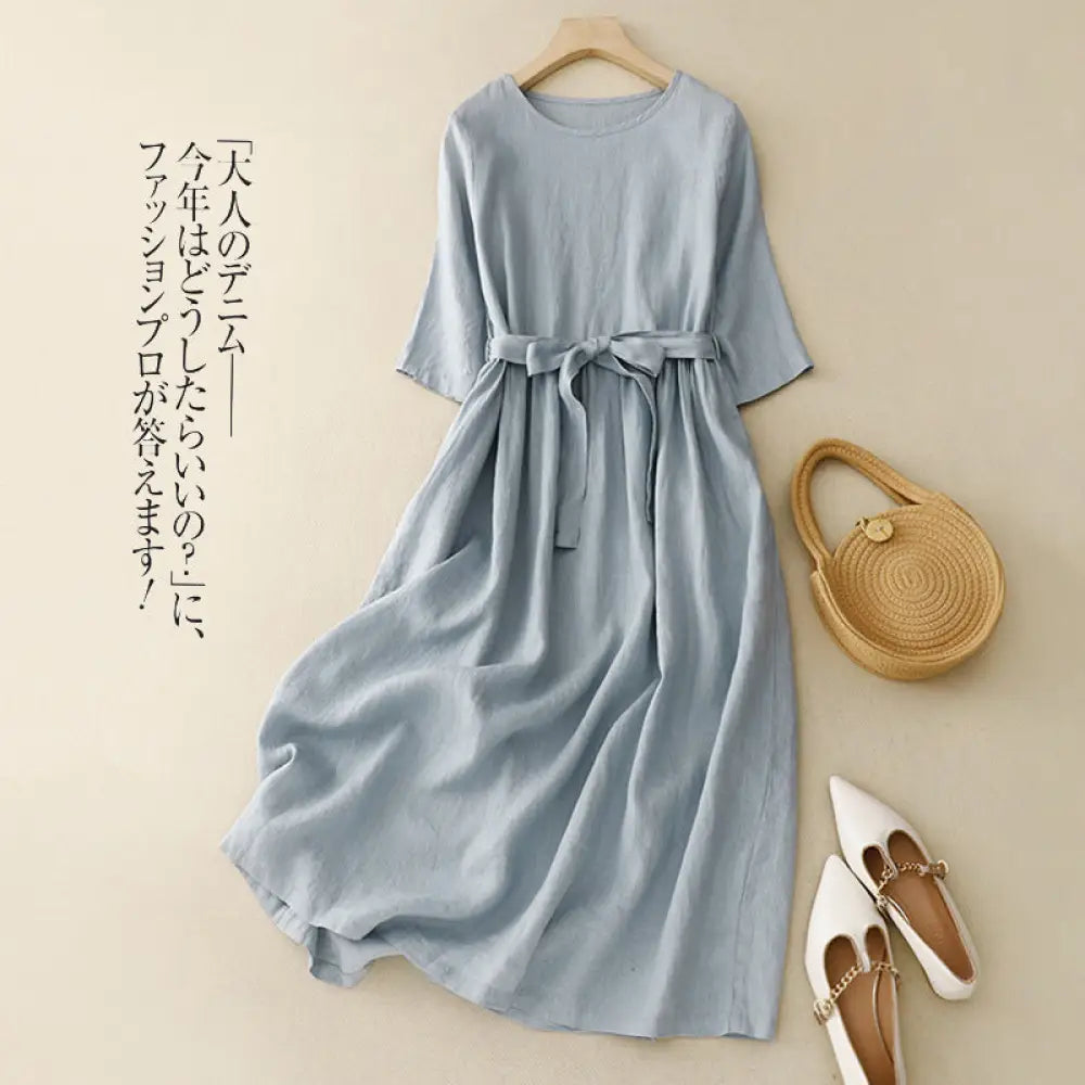 リネンコットン ワンピース シンプル ベルト付き 丸首 中袖 フレアスカート ナチュラル 大人可愛い 女性用 ID1886 ライトブルー / M 外出着>ワンピース