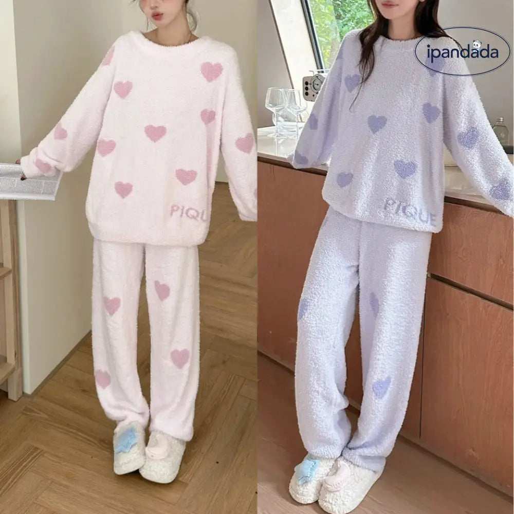 ふわふわ ハート柄 ゆったり 毛布のような レディース パジャマ ルームウェア セット 可愛い 保温 リラックス ID3051