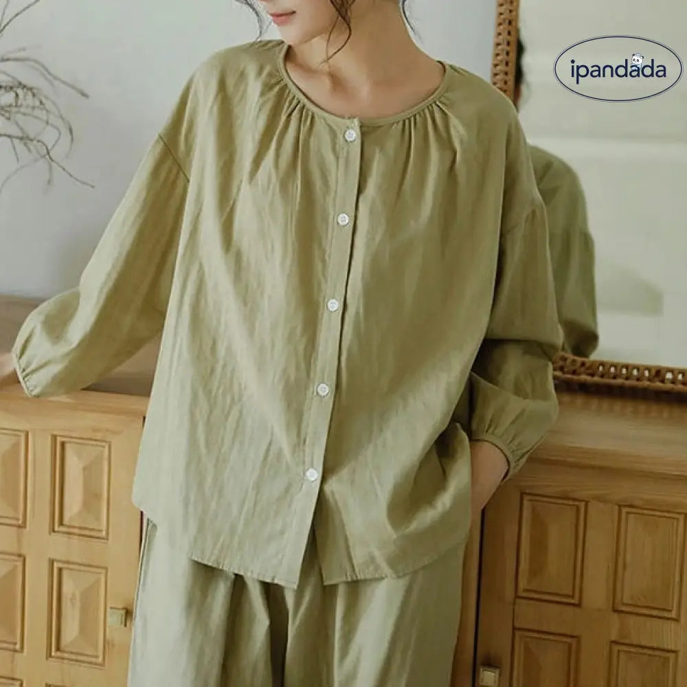 ID1759 ルームウェア ガーゼパジャマ レディース ダブルガーゼ 綿100％ コットン 長袖 前開き 上下セット トップス パンツ 可愛い セットアップ  ナイトウェア 寝巻き 寝間着 部屋着 M L XL