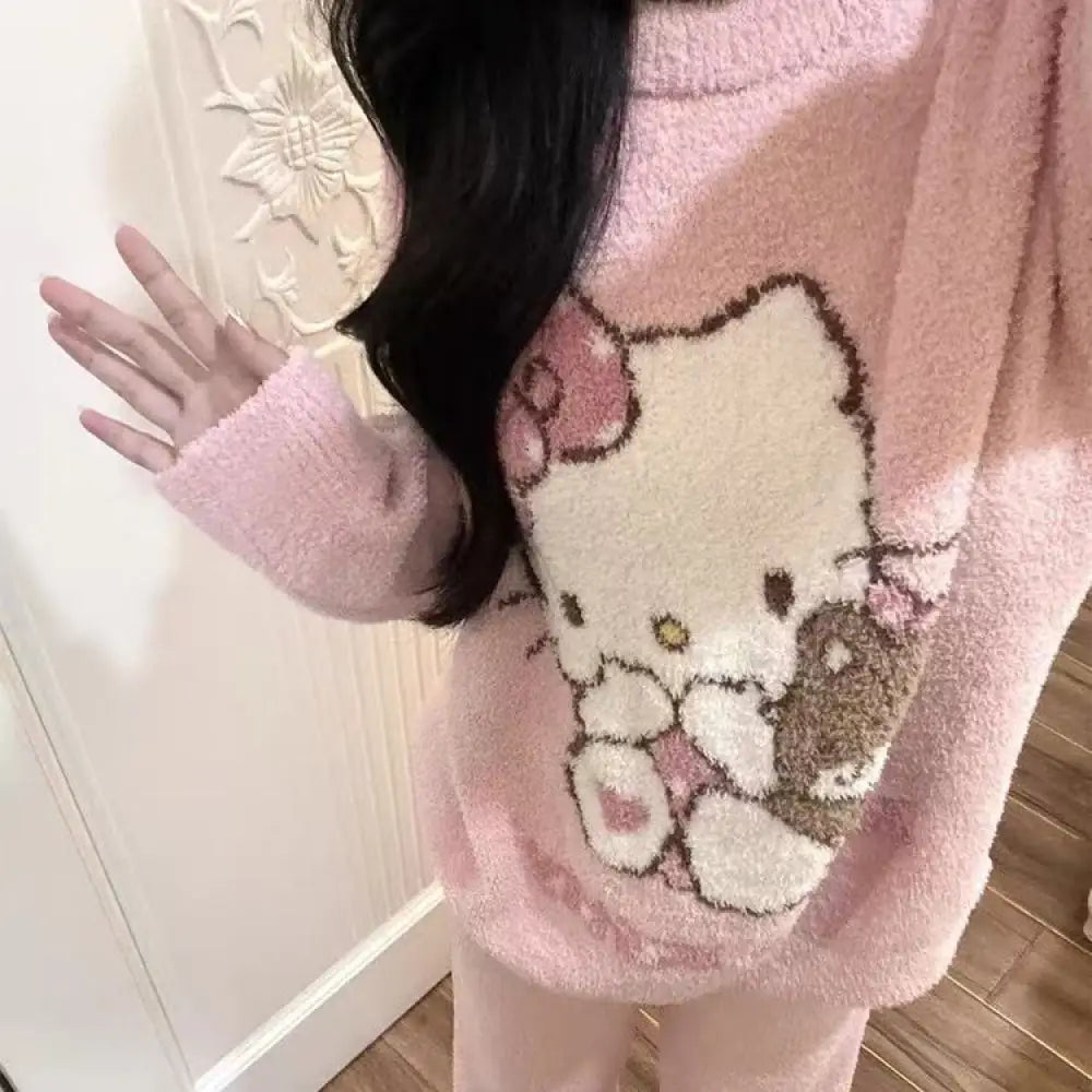 かわいい 少女 キティ猫 フリース パジャマ レディース 秋冬 新作 フリース裏起毛 厚手 保温 ホームウェア セットアップ 暖かい 柔らかい 快適 おしゃれ ルームウェア ID3007 ピンク / M レディース＞セットアップ