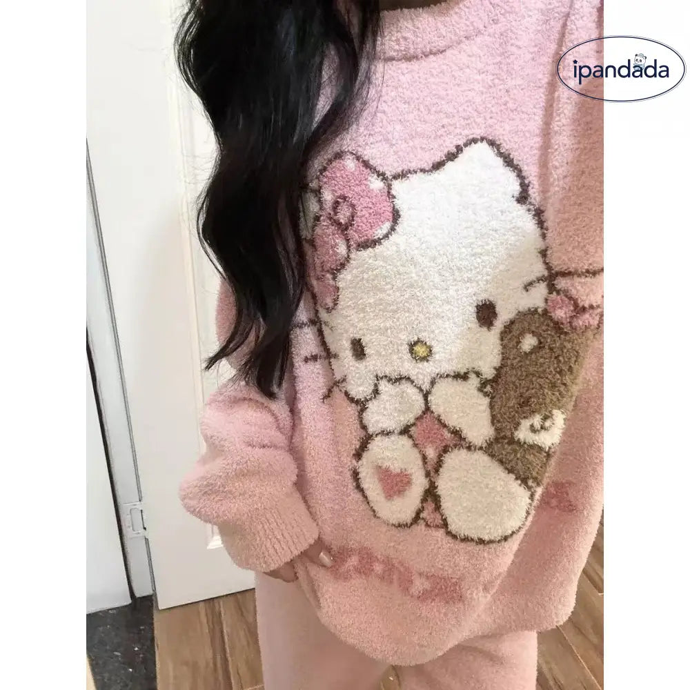 かわいい 少女 キティ猫 フリース パジャマ レディース 秋冬 新作 フリース裏起毛 厚手 保温 ホームウェア セットアップ 暖かい 柔らかい 快適 おしゃれ ルームウェア ID3007 レディース＞セットアップ
