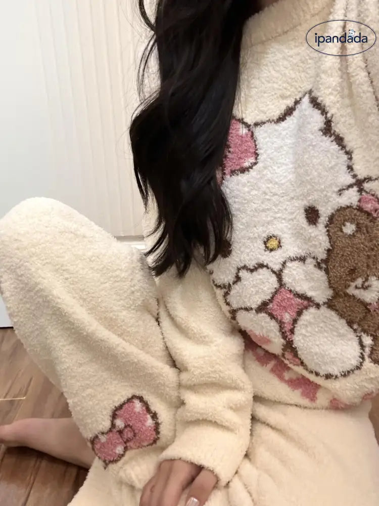 かわいい 少女 キティ猫 フリース パジャマ レディース 秋冬 新作 フリース裏起毛 厚手 保温 ホームウェア セットアップ 暖かい 柔らかい 快適 おしゃれ ルームウェア ID3007 レディース＞セットアップ