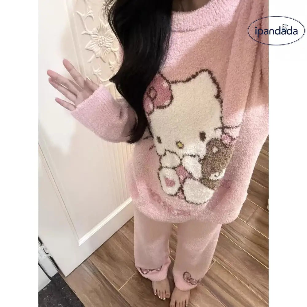 かわいい 少女 キティ猫 フリース パジャマ レディース 秋冬 新作 フリース裏起毛 厚手 保温 ホームウェア セットアップ 暖かい 柔らかい 快適 おしゃれ ルームウェア ID3007 レディース＞セットアップ