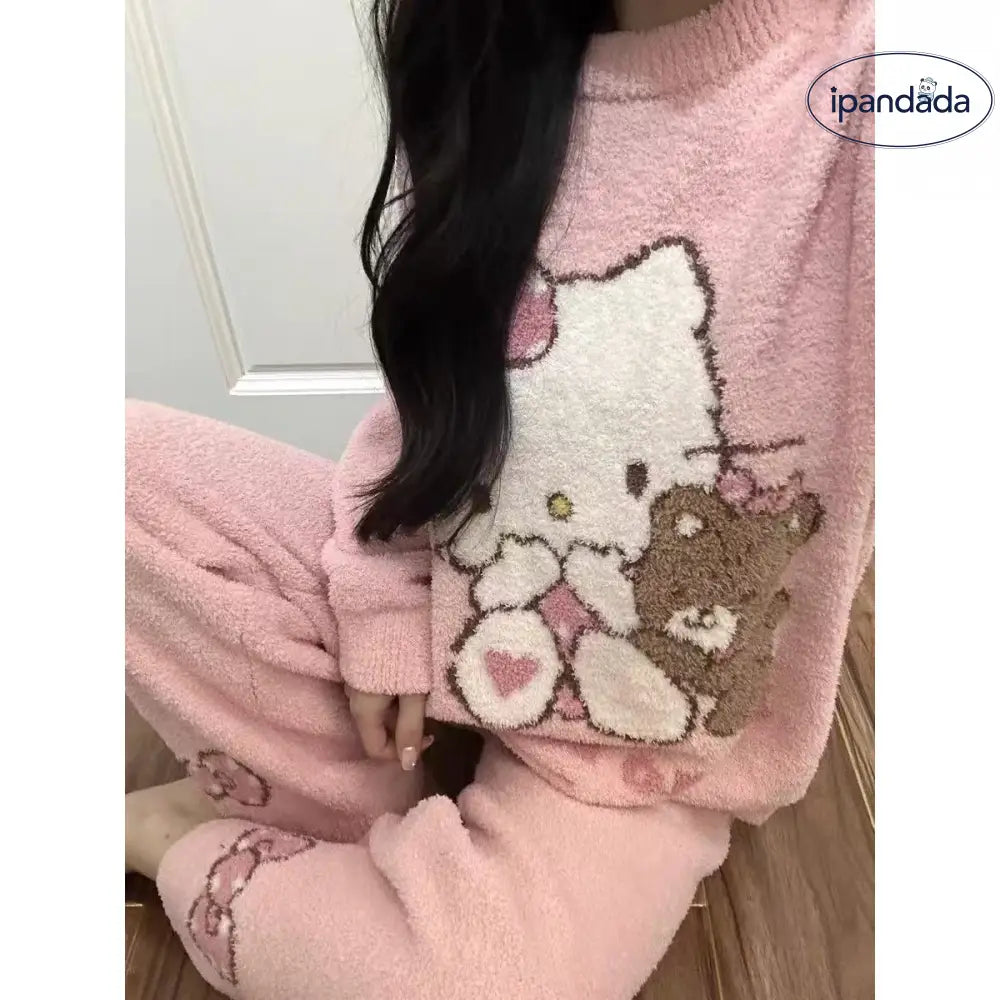 かわいい 少女 キティ猫 フリース パジャマ レディース 秋冬 新作 フリース裏起毛 厚手 保温 ホームウェア セットアップ 暖かい 柔らかい 快適 おしゃれ ルームウェア ID3007 レディース＞セットアップ