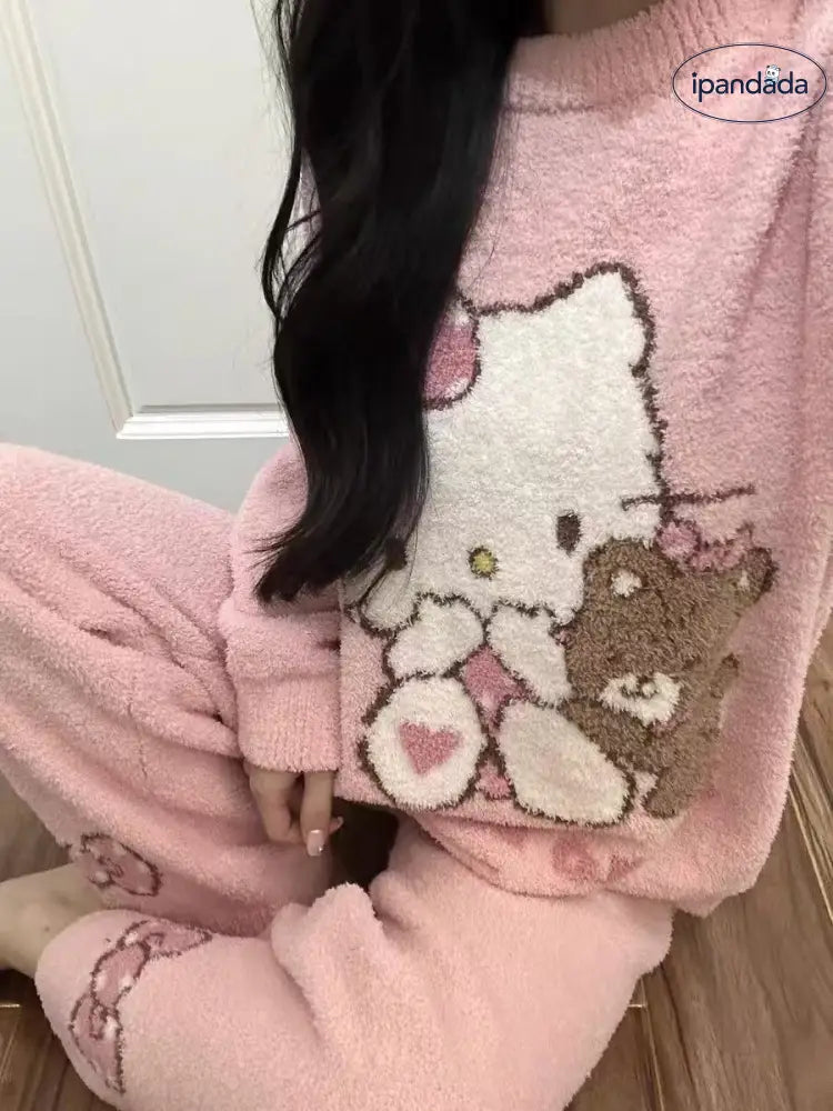 かわいい 少女 キティ猫 フリース パジャマ レディース 秋冬 新作 フリース裏起毛 厚手 保温 ホームウェア セットアップ 暖かい 柔らかい 快適 おしゃれ ルームウェア ID3007 レディース＞セットアップ