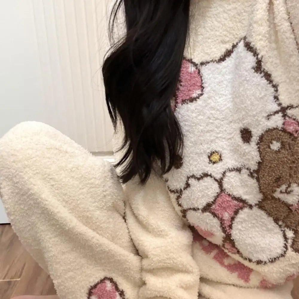 かわいい 少女 キティ猫 フリース パジャマ レディース 秋冬 新作 フリース裏起毛 厚手 保温 ホームウェア セットアップ 暖かい 柔らかい 快適 おしゃれ ルームウェア ID3007 ベージュ / M レディース＞セットアップ